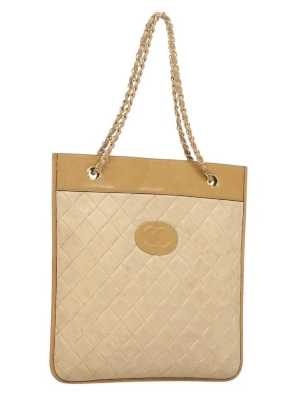 CHANEL Chain Shoulder Bag Lamb Skin Beige Gold CC Auth bs26856